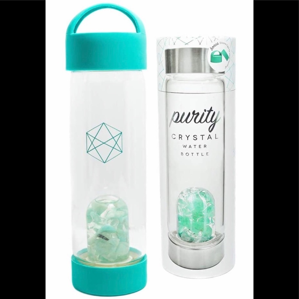 Glass Water Bottle Aquamarine and Quartz Crystal